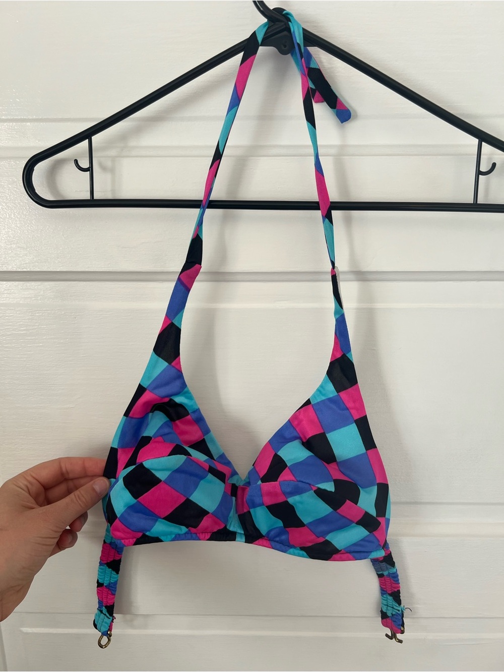 Colorblock Check Halter Bikini Top